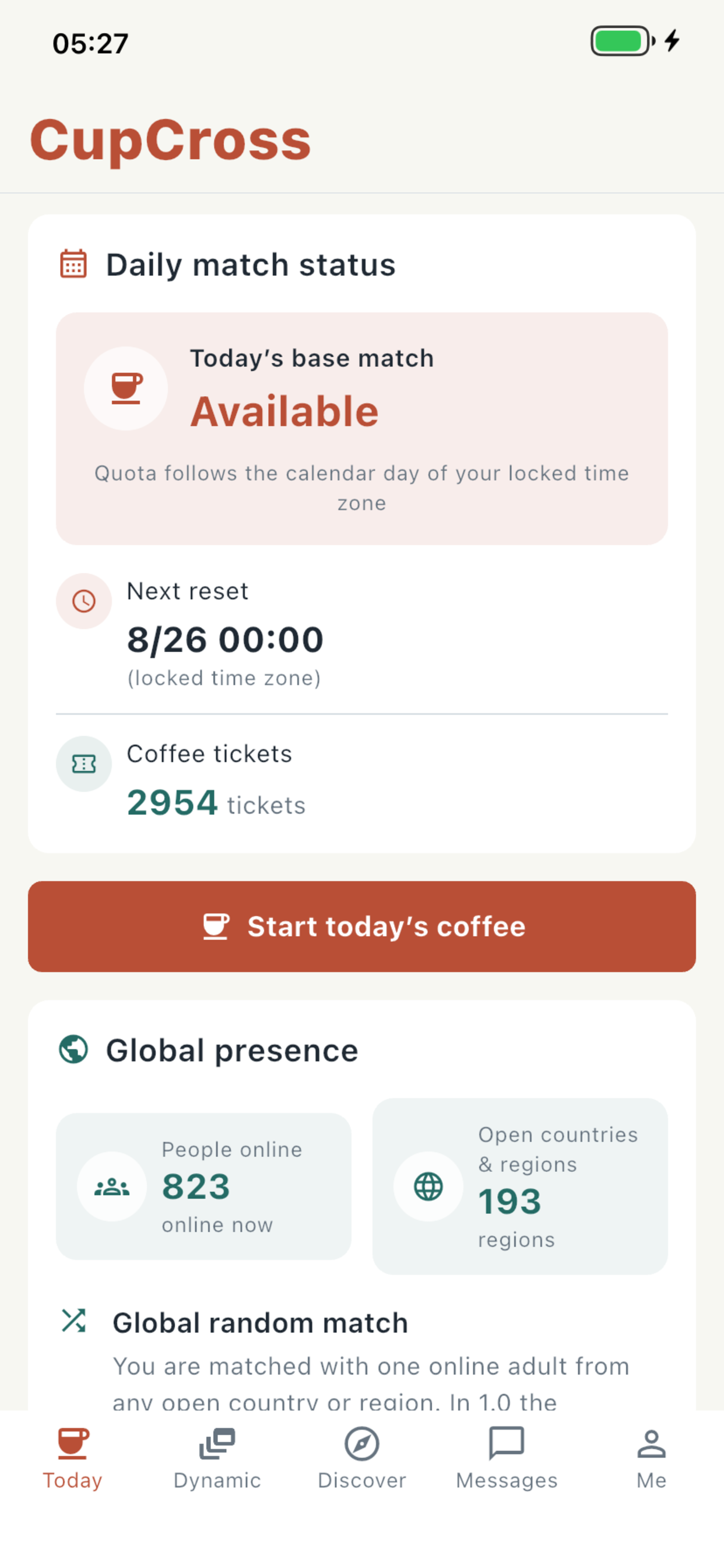 CupCross Today screen showing daily match status and coffee ticket balance